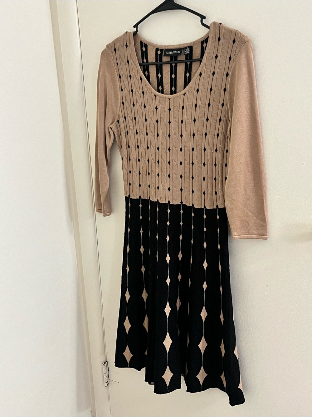 Nina Leonard Small Tan Black Diamond Jacquard Fit Flare Midi Dress